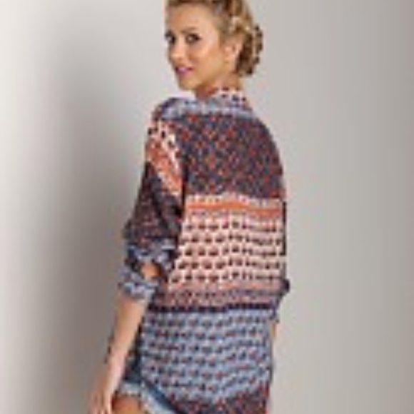 Free People Caravan Top Blue Multi Patchwork Lightweight Blouse Size S - Picture 5 of 5